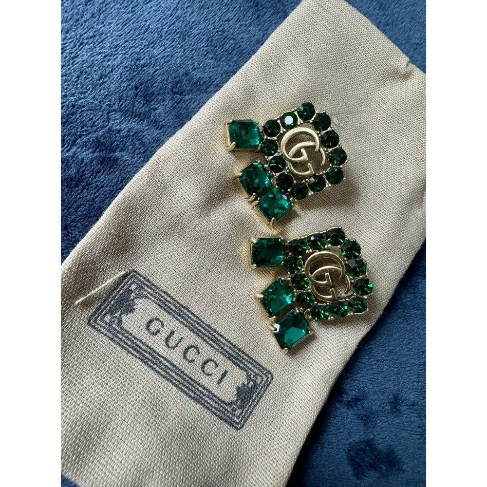 Vintage Gucci Emerald and Gold Drop Earrings with Double G Motif - Picture 4 of 14